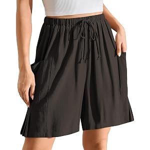 TARSE Women's Linen Bermuda Shorts Flowy Wide Leg Loose Summer Casual | High Waist Drawstring, Side Pockets with Pleats, Ligh