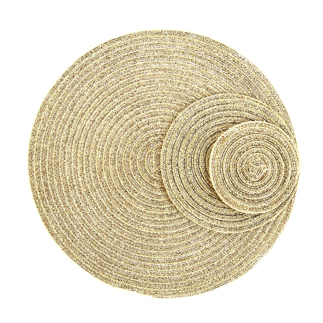 Hoshen 3PCS Cotton Yarn Round Table Mat Western place Mat, Soup Plate Bowl Mat, Coaster Insulation Mat, Different Sizes to Meet Different Needs (7, 11, 14 inches) - Gold