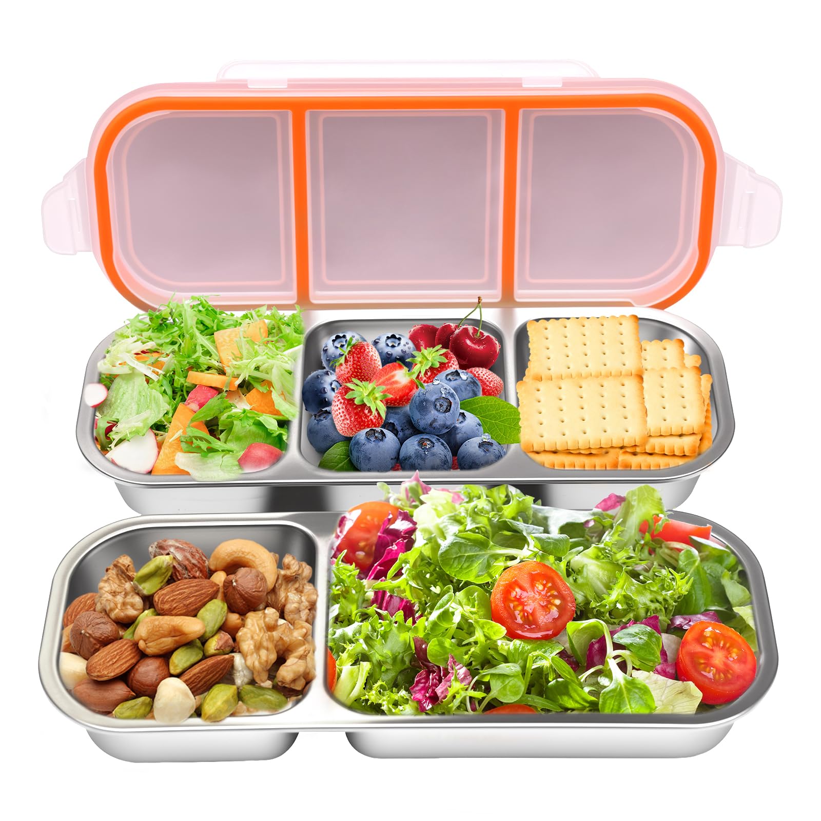 Photo 1 of 2Pack Stainless Steel Snack Containers, Double/Three Compartment Sauce Cups,Reusable Condiment Box with Lids, Divided Food Storage Containers for School, Home, Travel (2 Compartment + 3 Compartment)