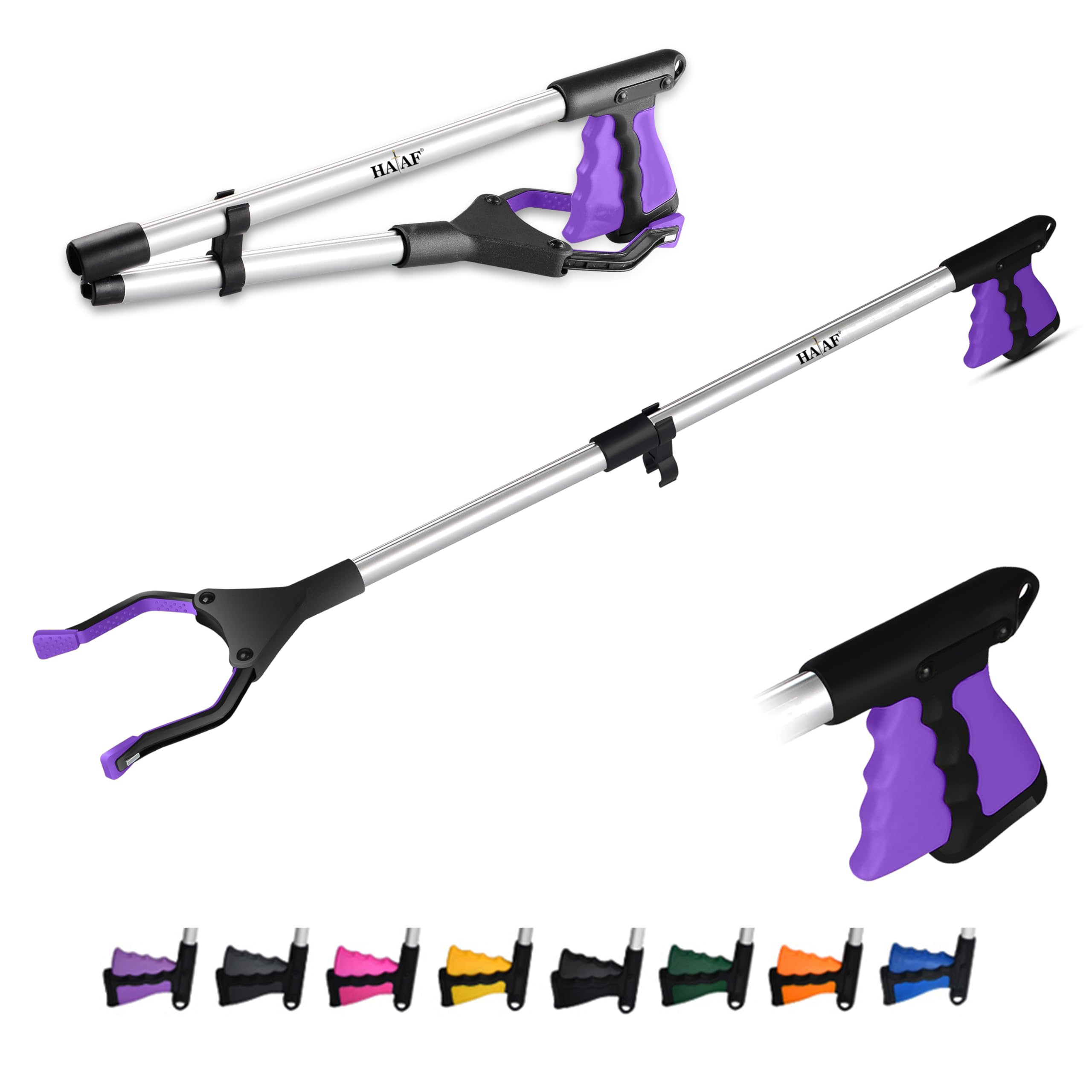 HATAF® 32inches Litter Pickers for Adults, Grabber Stick, Helping Hand Grabbers for Disabled, Foldable Litter Pickers for Children Rotating Head 360 Degree Reaching Aids (32" Purple)