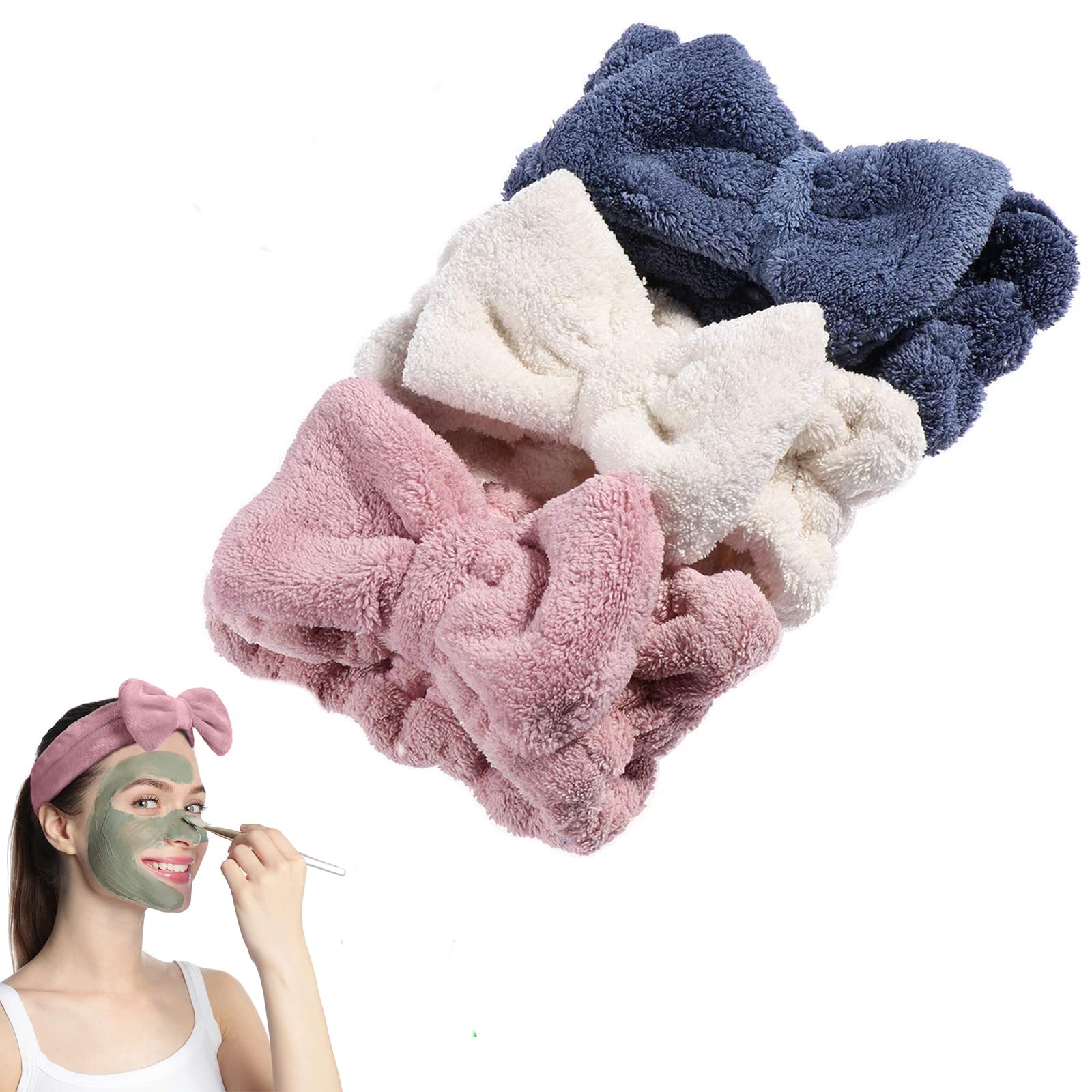 Pack of 3 Bowknot Hair Bands, Elastic, Women's Fashion Plush Headband, Makeup Headbands, Spa Headband, Cute Hair Band for Spa, Yoga, Face Cleansing and Care (Blue, Pink, White)
