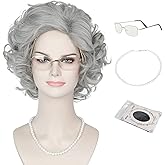 MISS U HAIR Old Lady Wig and Accessories Grandma Granny Costume Wig Short Curly Grey Cosplay Wigs Halloween Party