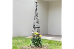GOOOXIM Garden Obelisk 40.5 Inch Metal Trellis for Climbing Plants - Sturdy Support for Rose Bushes & Tall Vines, Featuring Decorative Bird and Leaf Elements, Perfect for Garden Decor
