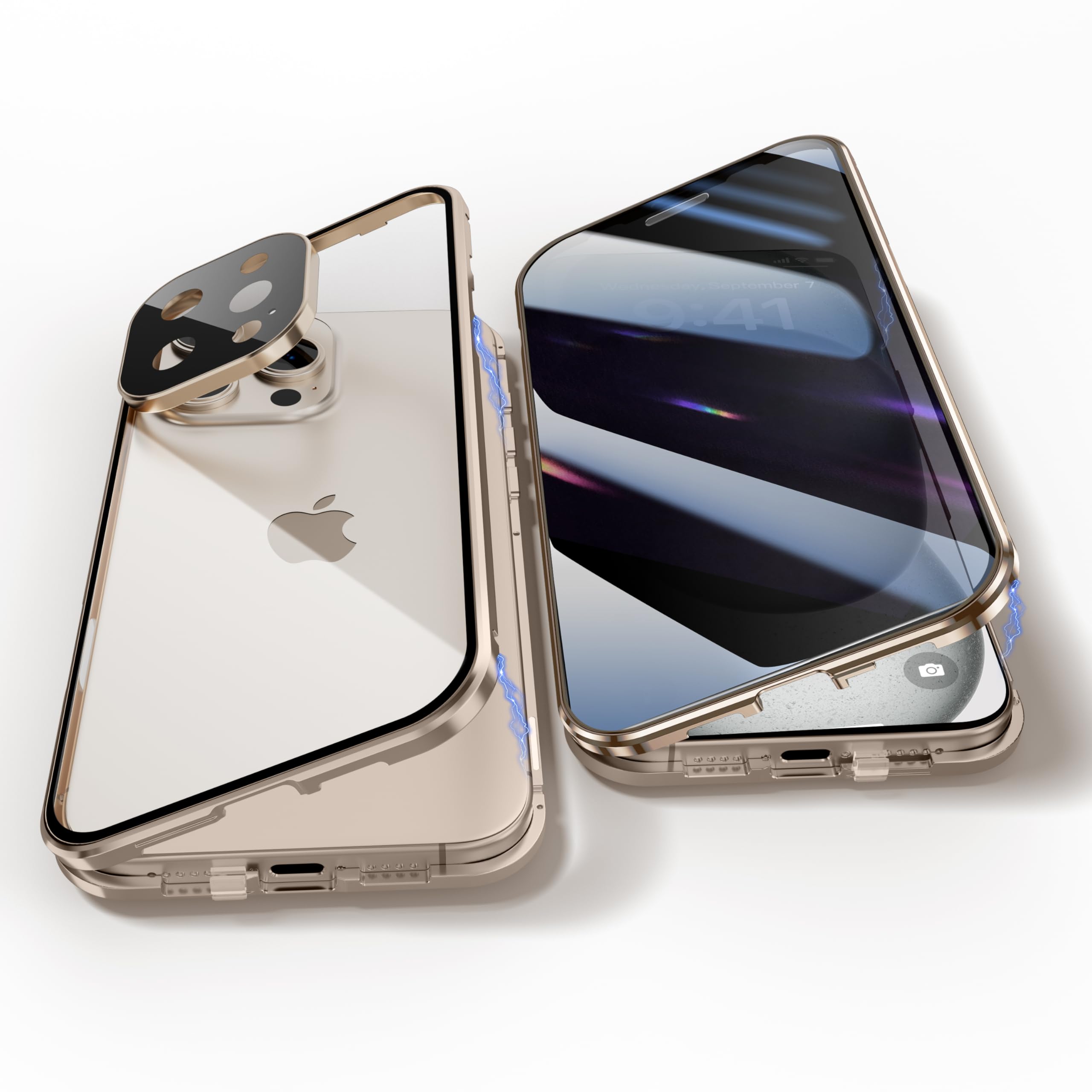 Anti Peeping Case for iPhone 16 Pro, Anti SPY Screen, Anti Peep Magnetic Adsorption Metal Bumper with Lens Protector 360 Degree Protection Front Privacy Tempered Glass Back Clear Cover (Gold)