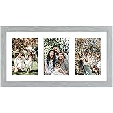 Golden State Art, 9x18 Grey Wood Frame - White Mat for Three 5x7 Pictures - Sawtooth Hangers - Swivel Tabs - Wall Mounting - Landscape/Portrait - Real Glass - Collage Frame