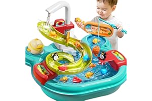 Jiakora Play Sink with Running Water, 3-in-1 Toddler Kitchen Toys, Water Table, Fishing Set, Tracks, Pretend Play Kitchen Cleaning Set water toys for toddlers 1-3