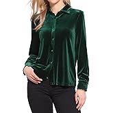 Allegra K Vintage Velvet Tops for Women Dressy Casual Long Sleeve Button Down Shirt Blouse