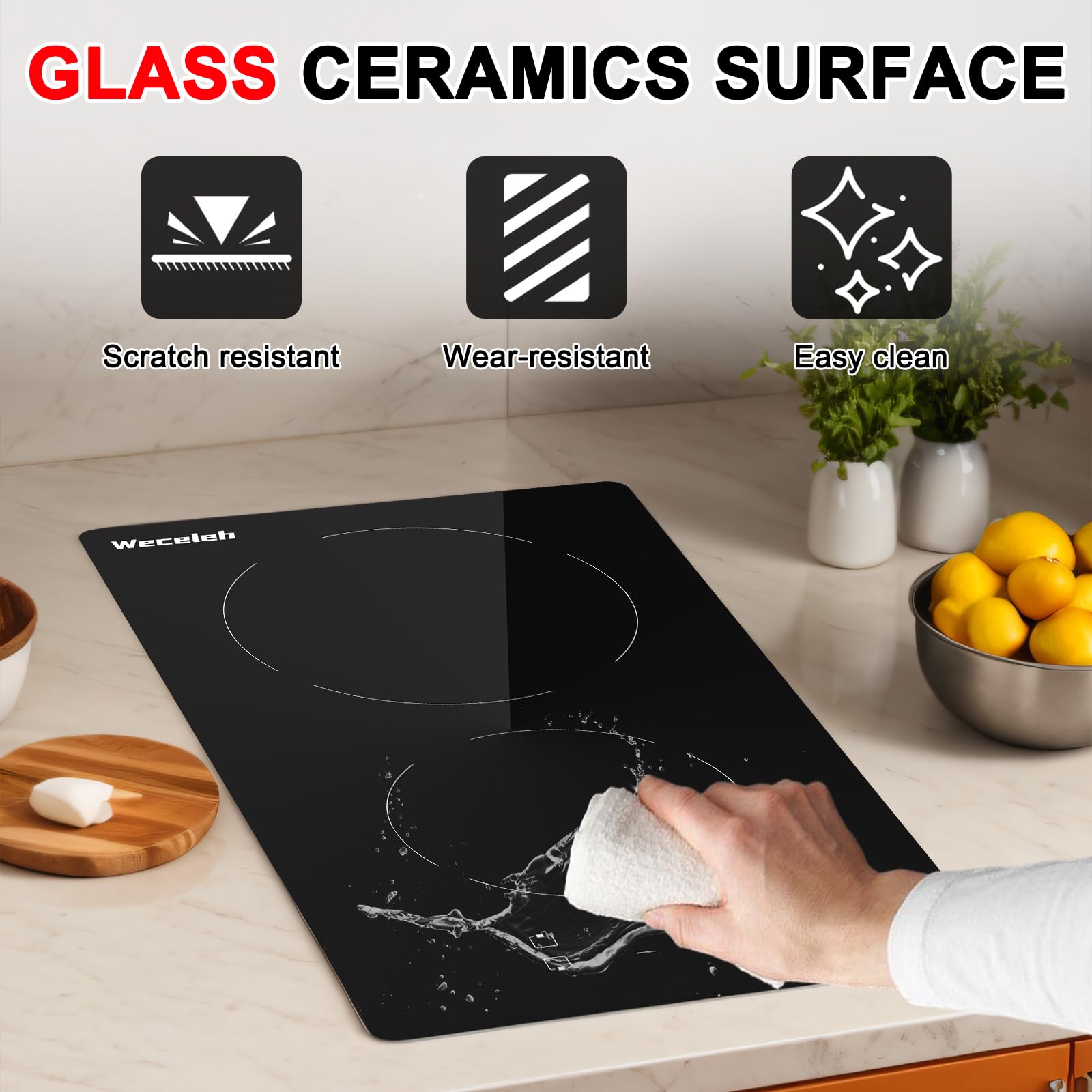 Weceleh 2 Burners Electric Cooktop, 12 inch Built-in 3200W Electric Stove Top, Ceramic Hob with Touch Control, Child Safety Lock, Overheat Protection, Timer, 9 Power Levels, Hard Wire for 220V~240V