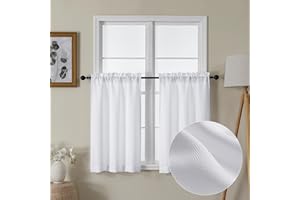Lecloud Bessie White Kitchen Curtains 36 Inch Length 2 Panels Set, Faux Linen Textured Tier Curtains Short, Light-filtering Small Cafe Curtain Window Treatments for Basement Bathroom, Each 30 W x 36 L