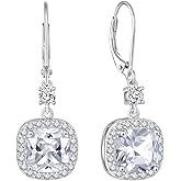 Inpasne Women Leverback Earrings 925 Sterling Silver Princess Cut Halo Earrings Birthstone Dangle Drop Earrings for Women Her Mom Wife
