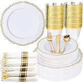 Hioasis 175pcs White and Gold Plastic Plates - Gold Plastic Dinnerware Set Includes 25 Dinner Plates, 25 Dessert Dinnerware, 25 Cups, 25 Rolled Napkin Cutlery Perfect for Wedding & Party