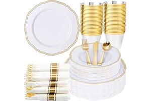 Hioasis 175pcs White and Gold Plastic Plates - Gold Plastic Dinnerware Set Includes 25 Dinner Plates, 25 Dessert Dinnerware, 25 Cups, 25 Rolled Napkin Cutlery Perfect for Wedding & New Year