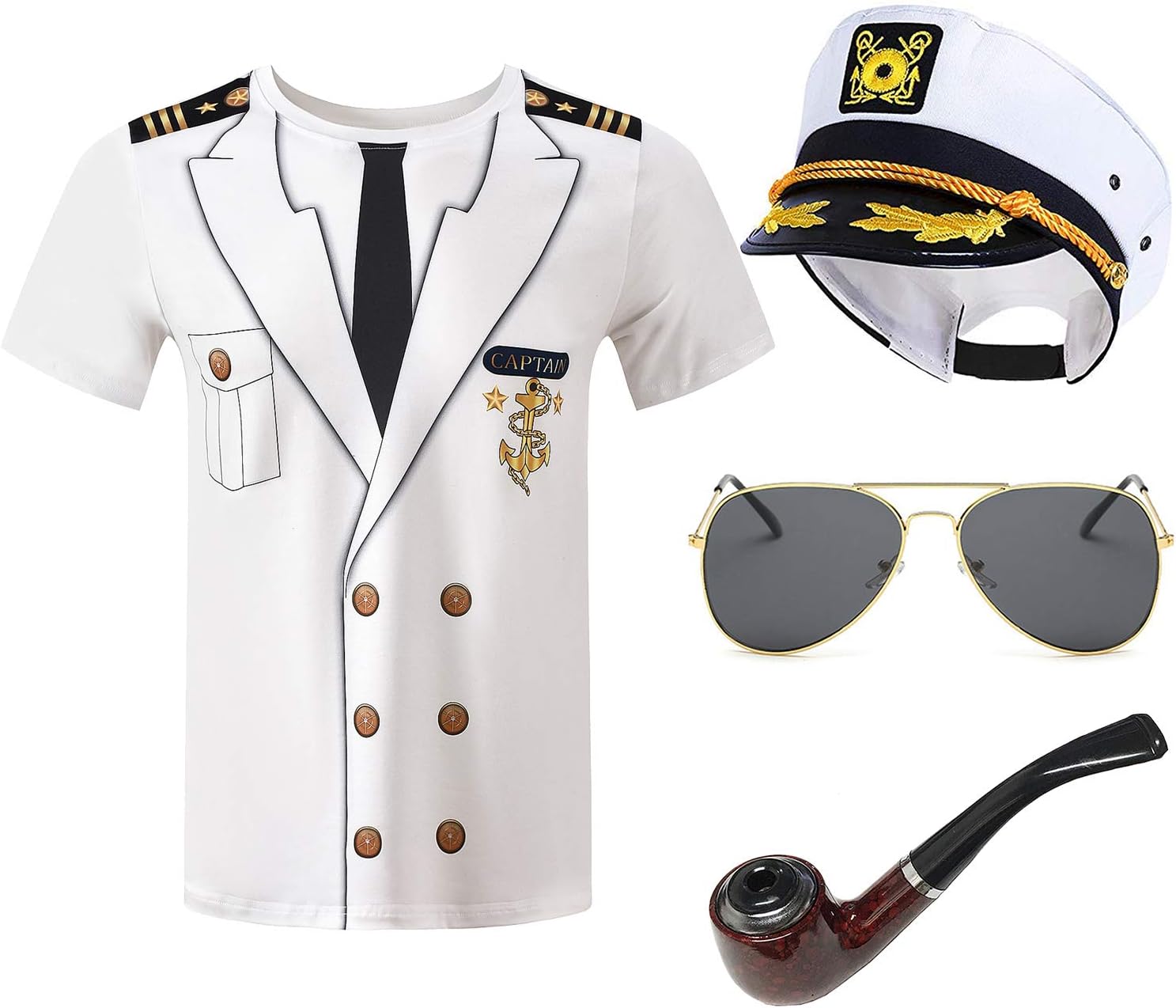 Captain Costume Accessory for Mens - Yacht Captain Hat Cap,Boat Skipper T-Shirts,Corn Cob Pipe,Aviator Sunglasses