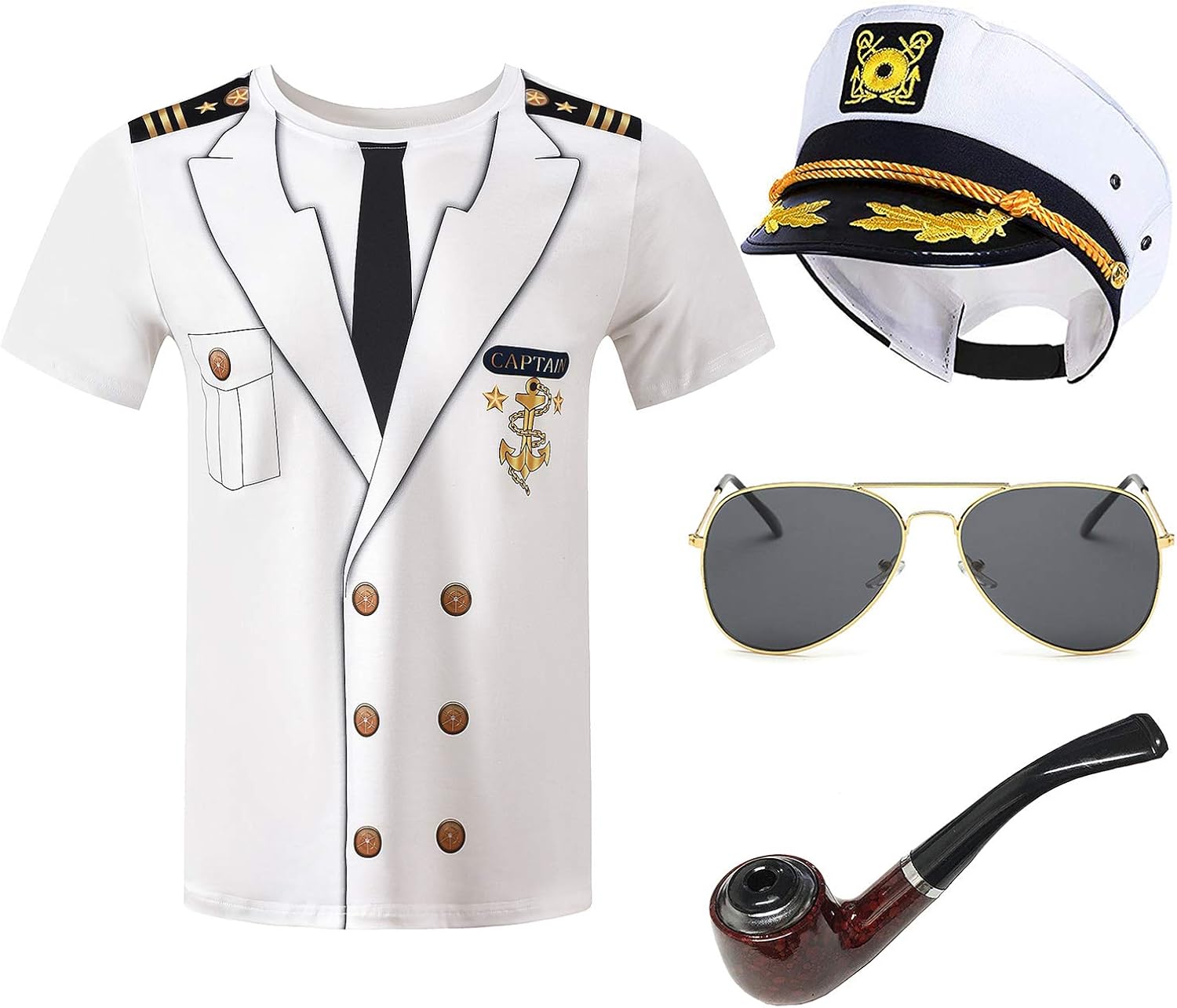 Captain Costume Accessory for Mens - Yacht Captain Hat Cap,Boat Skipper T-Shirts,Corn Cob Pipe,Aviator Sunglasses