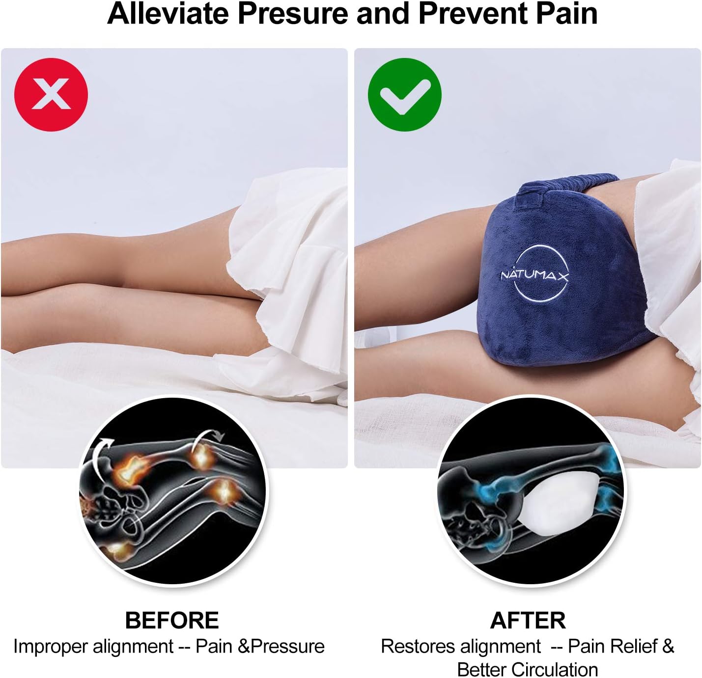 NATUMAX Knee Pillow for Side Sleepers - Sciatica Pain Relief - Back Pain, Leg Pain, Pregnancy, Hip and Joint Pain Memory Foam Leg Pillow + Free Sleep Mask and Ear Plugs: Home & Kitchen