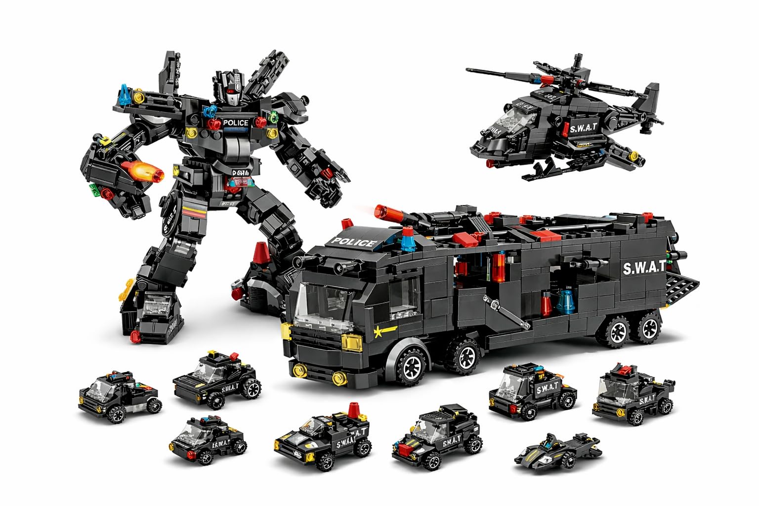 Twiilight Police SWAT Building Blocks Set 585 Pieces, 27-in-1 STEM Construction Toy with Robot, Helicopter & Command Truck, Educational Building Set for Ages 6–12