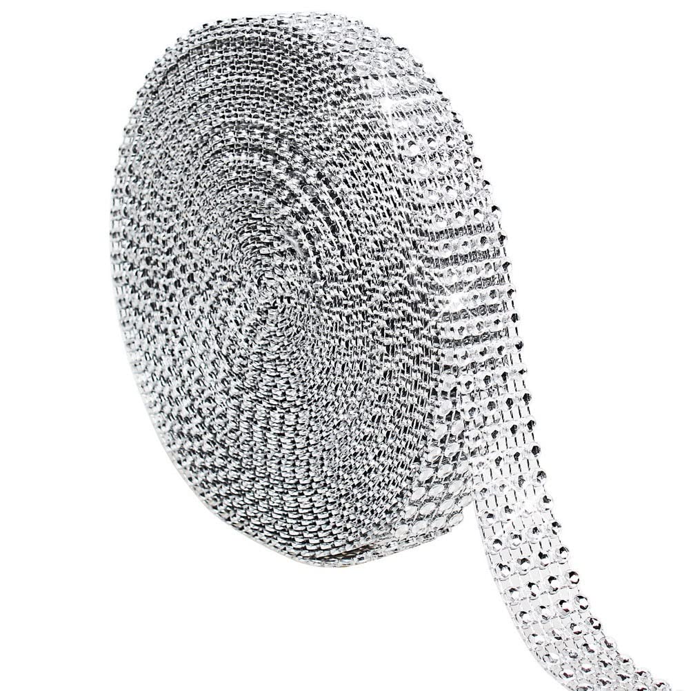 Wowot Silver Rhinestone Ribbon with 4 Rows for Wedding Birthday Craft Projects Decoration, 9 metres