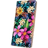 AIRMORS Wallet Women Leather Credit Card Holder with RFID Blocking Large Capacity Slim zipper Wallets for Men Minimalist Coin Purse long clutch wallet (Flowers-1)