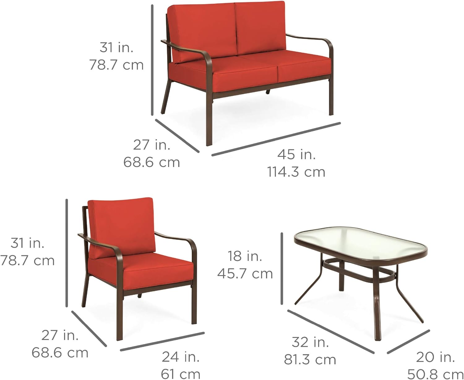 Best Choice Products 4-Piece Cushioned Patio Furniture Conversation Set w/Loveseat, 2 Chairs, Coffee Table - Red: Garden & Outdoor