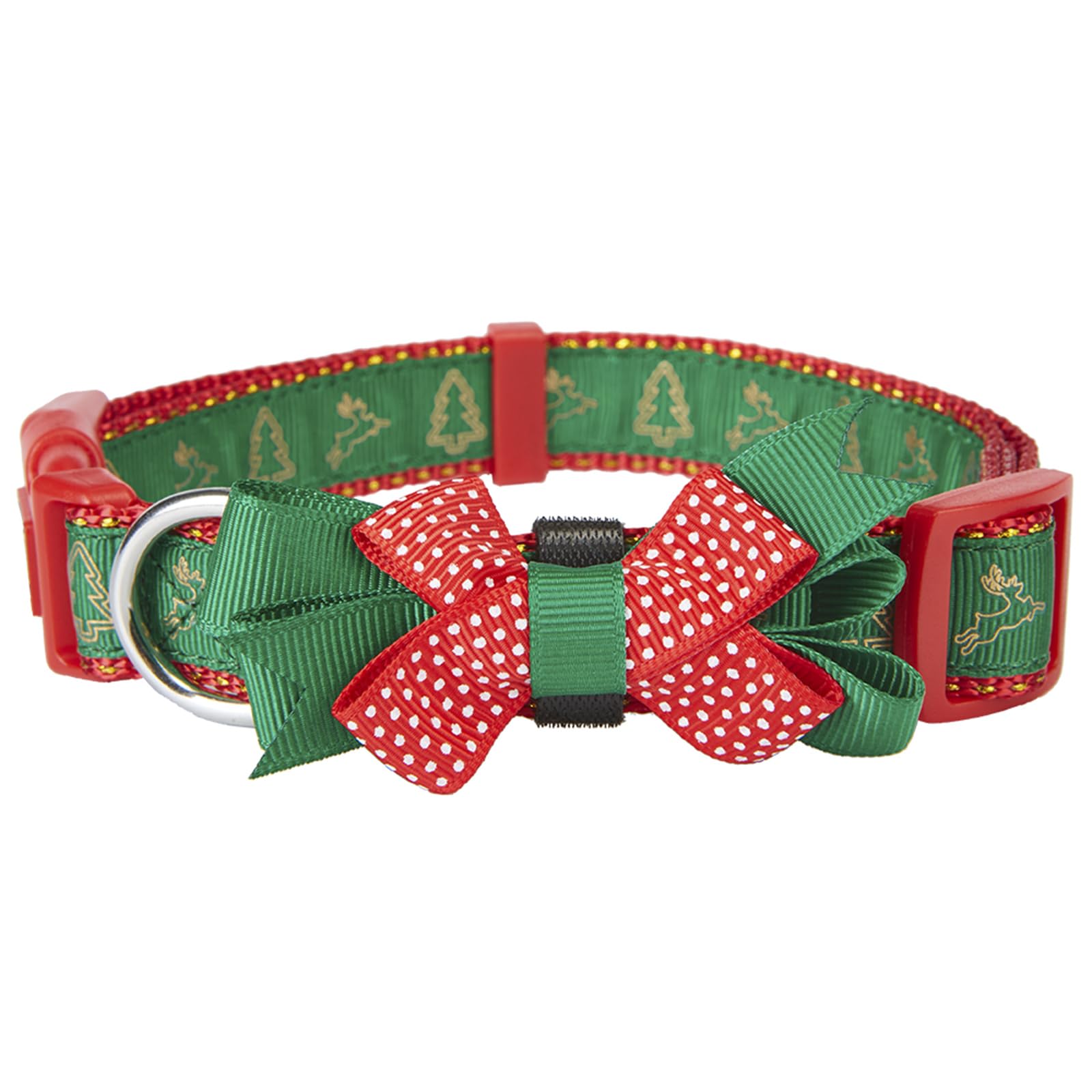 Petiry Festive Christmas Dog Collar with Bow and Reindeer Print,Green Small Dog Collars Neck 25-38cm,Tree