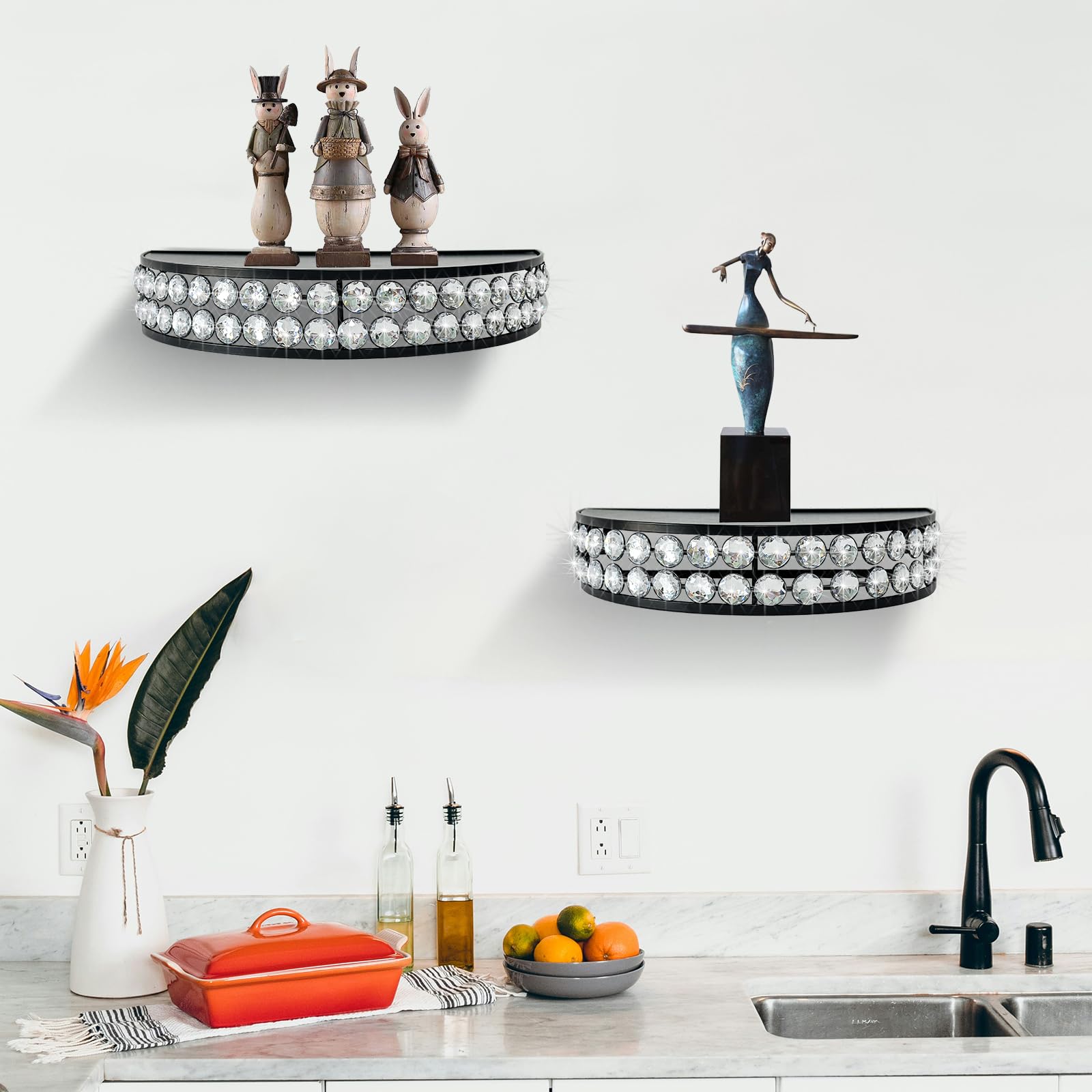 Photo 1 of 2 Set Bling Wall Shelf Metal Frame Rhinestone Floating Shelves for Wall Decor Jeweled Semi Circle Shelves Wall Mounted Home Decoration