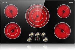 Karinear 36 inch Electric Cooktop, 5 Burner Radiant Cooktop with Knob & Touch Control, 9200W 240V Built-in Stove Top, 9 Power Levels, Timer, Child Lock, Pause, Residual Heat Indicator(Gold Knob)