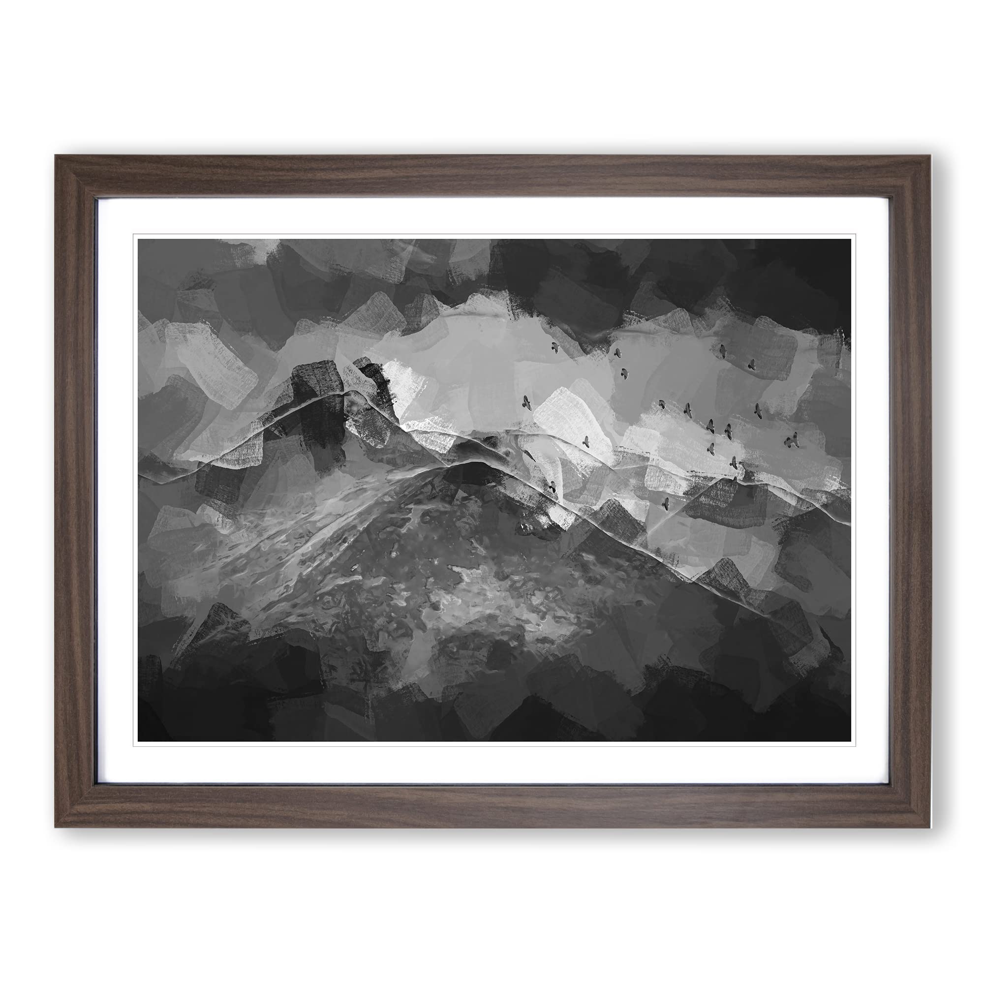 Birds Flying Over The Lake District In Abstract Modern Art Framed Wall Art Print, Ready to Hang Picture for Living Room Bedroom Home Office Décor, Walnut A4 (34 x 25 cm)