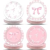 Justforjoyful Coquette 48pc Pink Bow Party Supplies - 7' Pink Bow Plates & Decor for Girl's Birthday, Bachelorette, Bridal, Engagement & Baby Shower - Cute Tableware & Dinnerware for 48 Guests