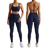 RXRXCOCO Ribbed Workout Sets for Women 2 Piece Backless Strappy Sports Bra Seamless Leggings Matching Set Yoga Outfits
