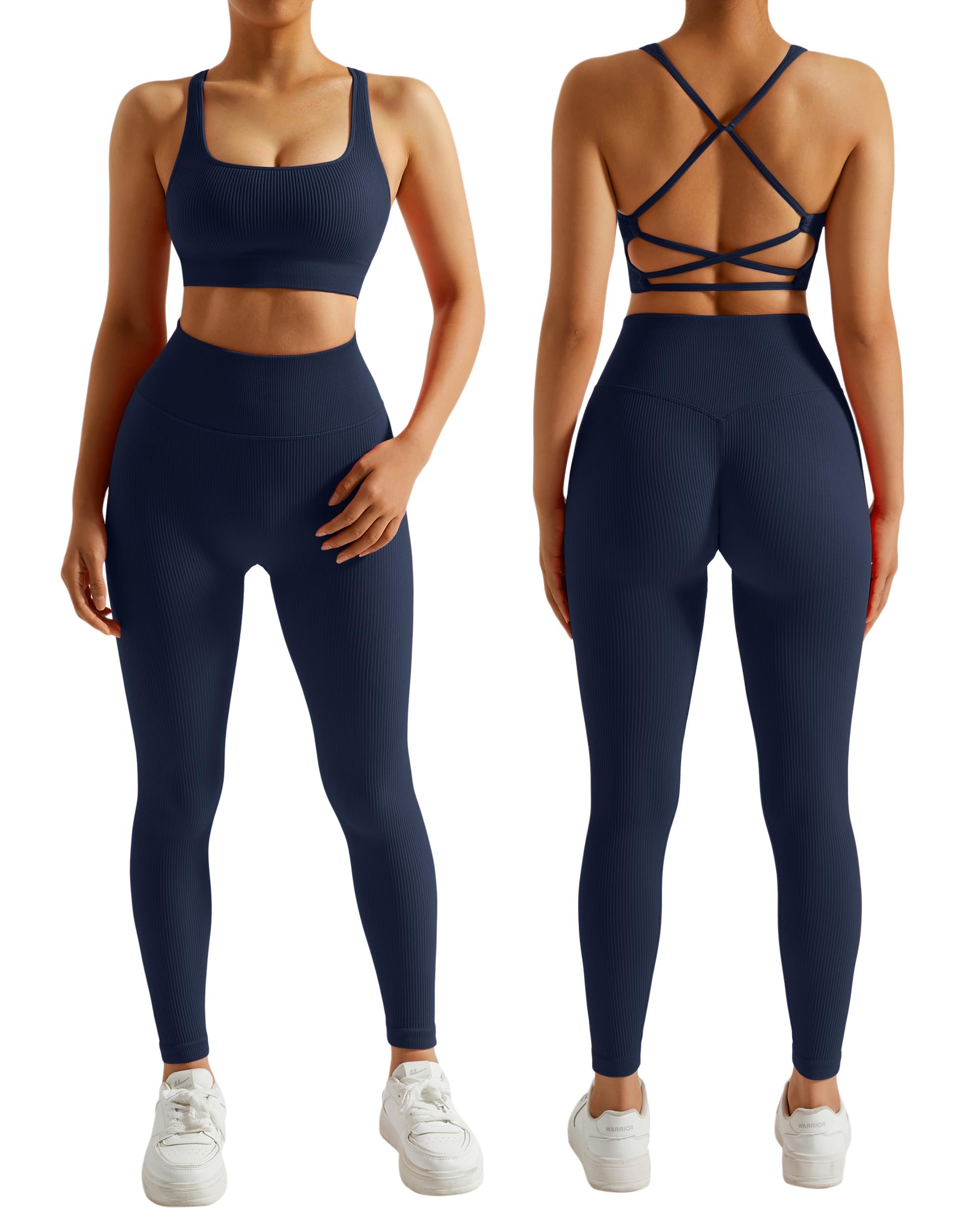 Photo 1 of RXRXCOCO Ribbed Workout Sets for Women 2 Piece Backless Strappy Sports Bra Seamless Leggings Matching Set Yoga Outfits Navy Small