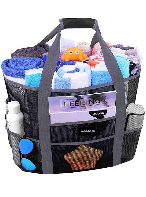 Mesh Beach Bags and Totes, AOMAIS MAX Capacity 30L/150lbs Durable Toy Tote Bag with Removable Strap& 8 Extra Pockets& Inside Pocket for Beach, Picnic (Black)
