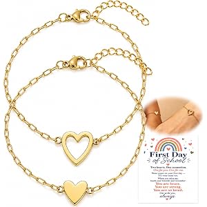 Drefund First Day of School 18K Gold Plated Matching Bracelets for Mommy and Me | Back to School Gifts Stainless Steel Heart