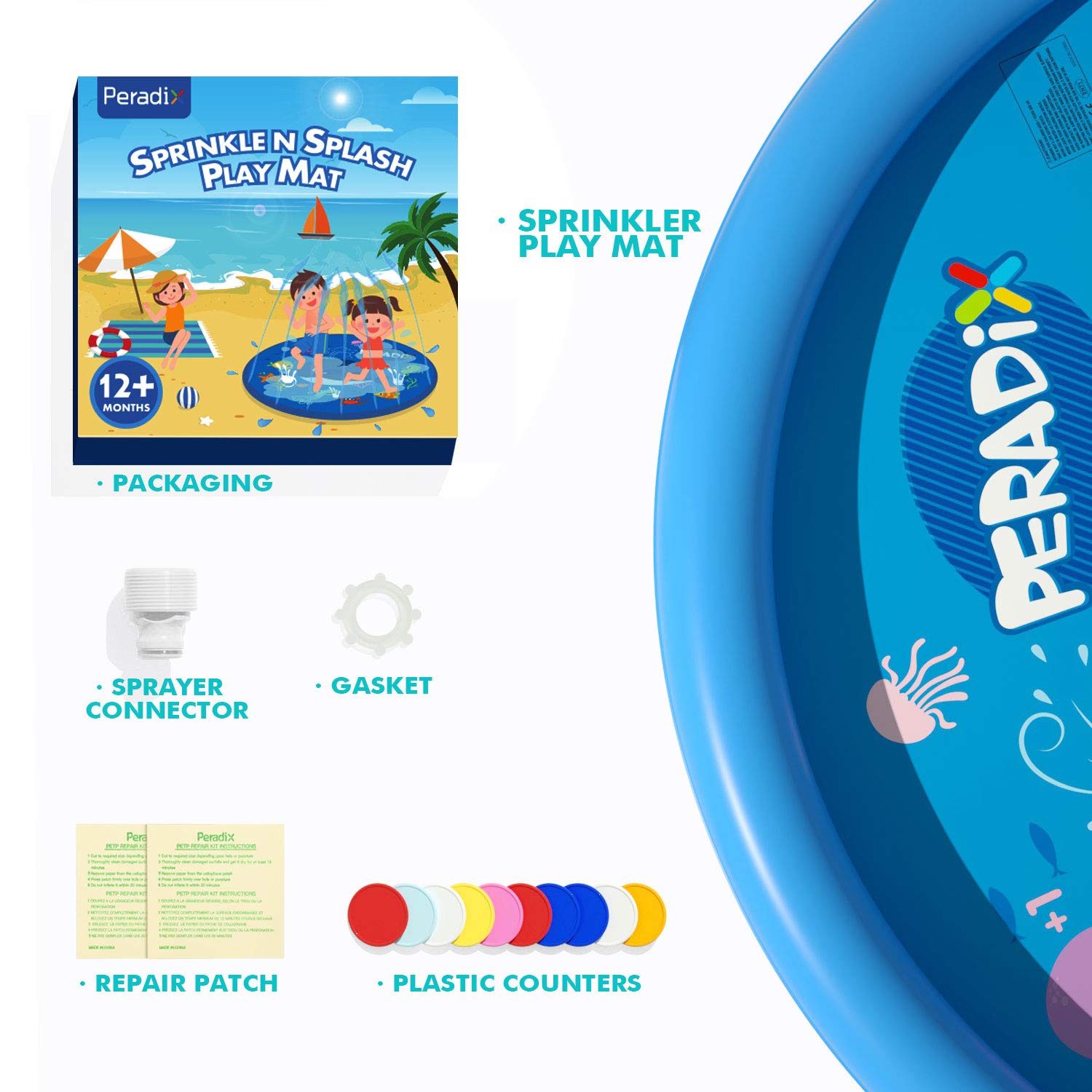 Peradix Splash Play Mat，Splash Pad,170CM Tapete de Aprendizaje para Juego Agua de Salpicaduras y PVC Salpica Almohadilla para Niños para Jardín de Verano Juguetes Acuático