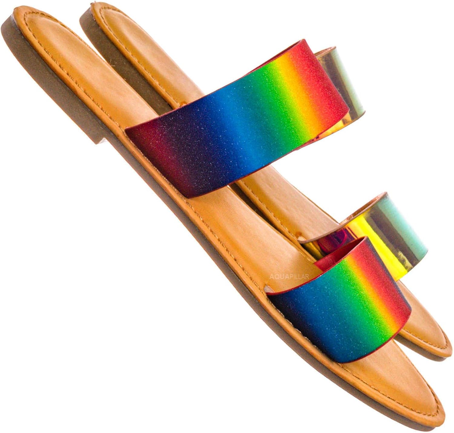 double buckle iridescent slide sandals