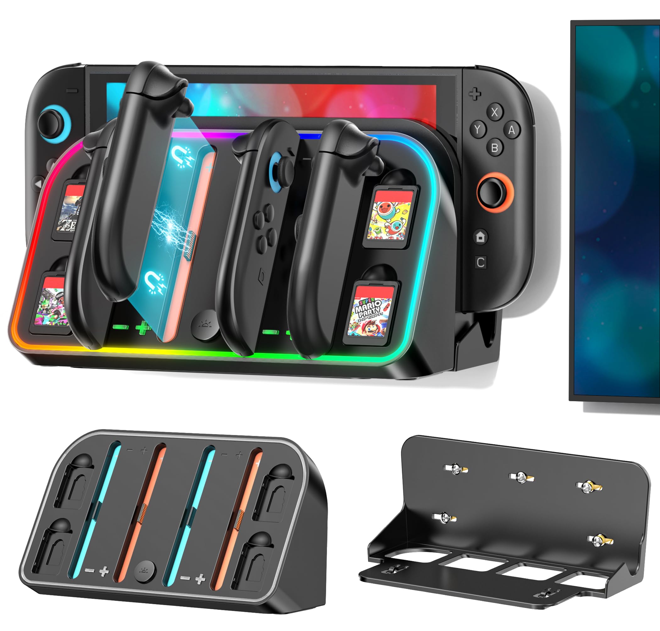 Switch 2 Wall Mount Charging Dock for 2025 Joycon 2, Wall Mount Kit Shelf for Nintendo Switch 2 Accessories, RGB Charger Dock Station with 4 Game Storage Holder for Nintendo Game Console Holder Stand