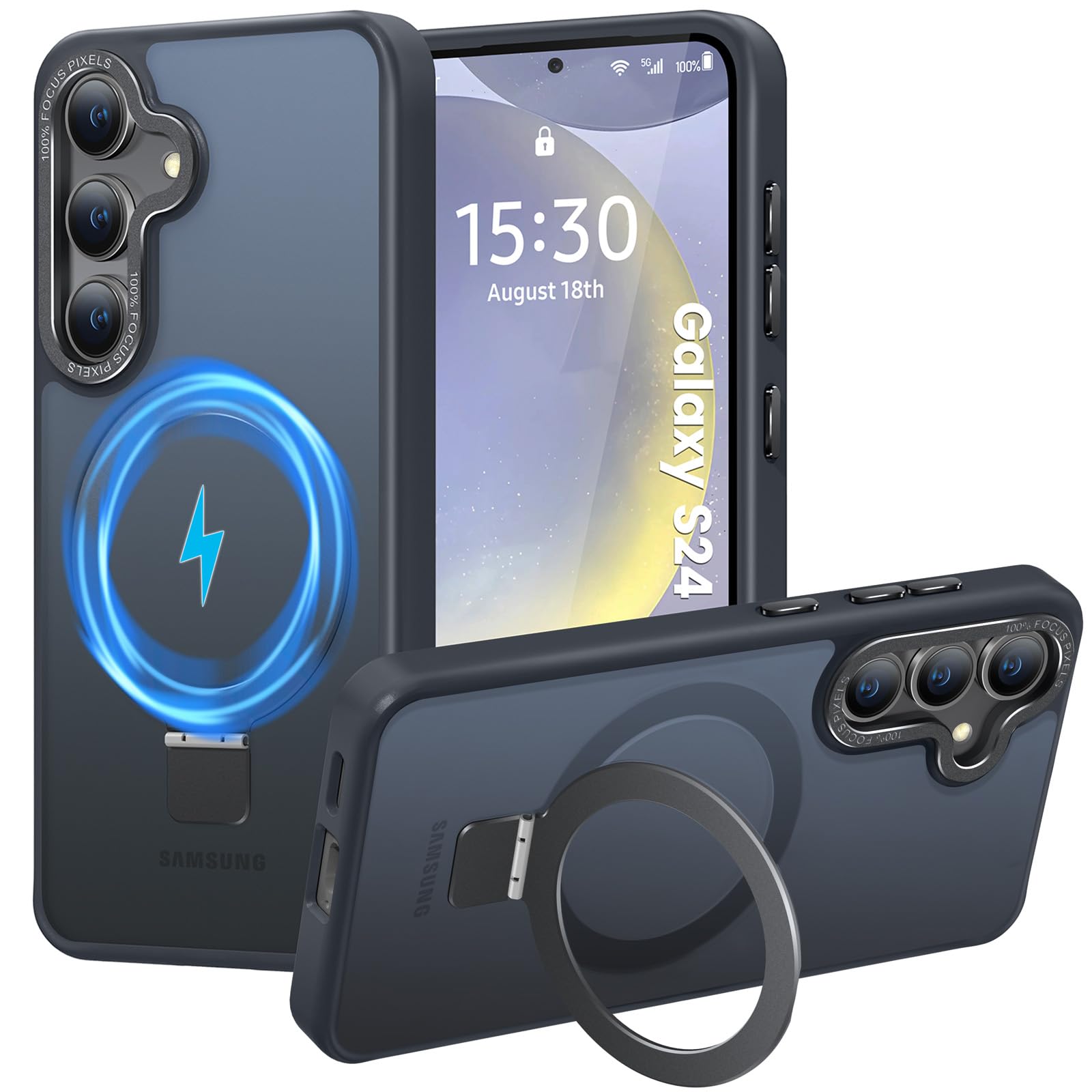 Photo 1 of HuwaiH Magnetic Stand for Samsung Galaxy S24 Case, Military-Grade Protection, Anti-Fingerprint Anti-Scratch Translucent Matte Phone case for Samsung Galaxy S24(Black)