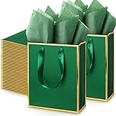 Yeaqee 50 Pack Metallic Gift Bags with Handle and Tissue Paper Gold Foil Thank You Bag for Valentine Wedding 5 Groomsmen Bridal 5 Senses Gifts Holiday Party Favors 9x7x3.15''(Green Gold)