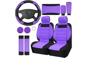 Estune 13 Pcs Purple 3D Foam Cushion Back Support Car Seat Covers Full Set, Include Purple Steering Wheel Cover Front Seat Covers Seat Belt Cover Armrest Cover Coasters for Automotive SUV Van Trucks