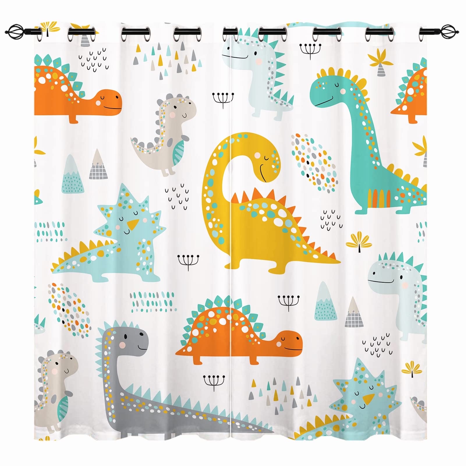 YUANZU Kids Dinosaur Curtains - Boys Girls Eyelet Blackout Colorful Cute Dino Animals Print Pattern Thermal Insulated Room Darkening Window Drapes for Nursery Baby Bedroom 2 Panels W75cm x D166cm