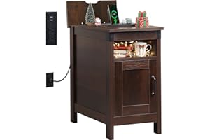 WLIVE End Table with Charging Station, Narrow Side Table for Living Room, Farmhouse Night Stand with Storage, Small Wooden Nightstand with USB Ports and Outlets for Living Room and Bedroom, Espresso