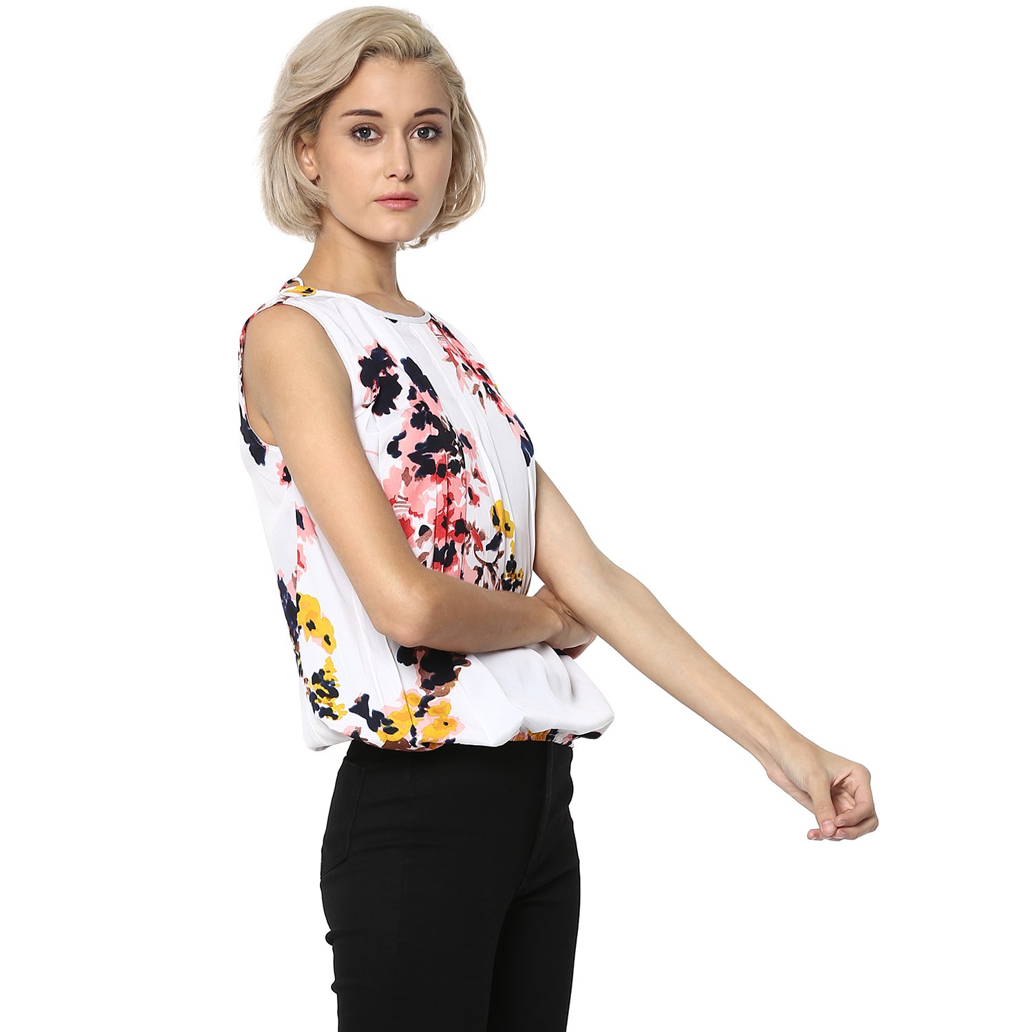 rare women off-white & peach-coloured printed blouson top (ep1310b)