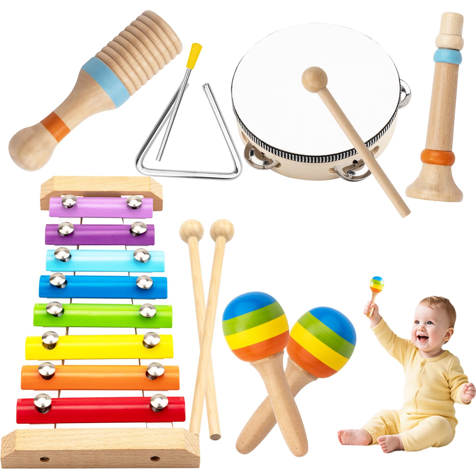 Montessori Toys for 1 Year Old - Baby Toys for 1 2 3 Year Old Boys Girls Baby Musical Instrument Toys Kids Wooden Baby Toddler Montessori Musical Toys 1-6 Year Birthday Gifts Xmas Stocking Fillers