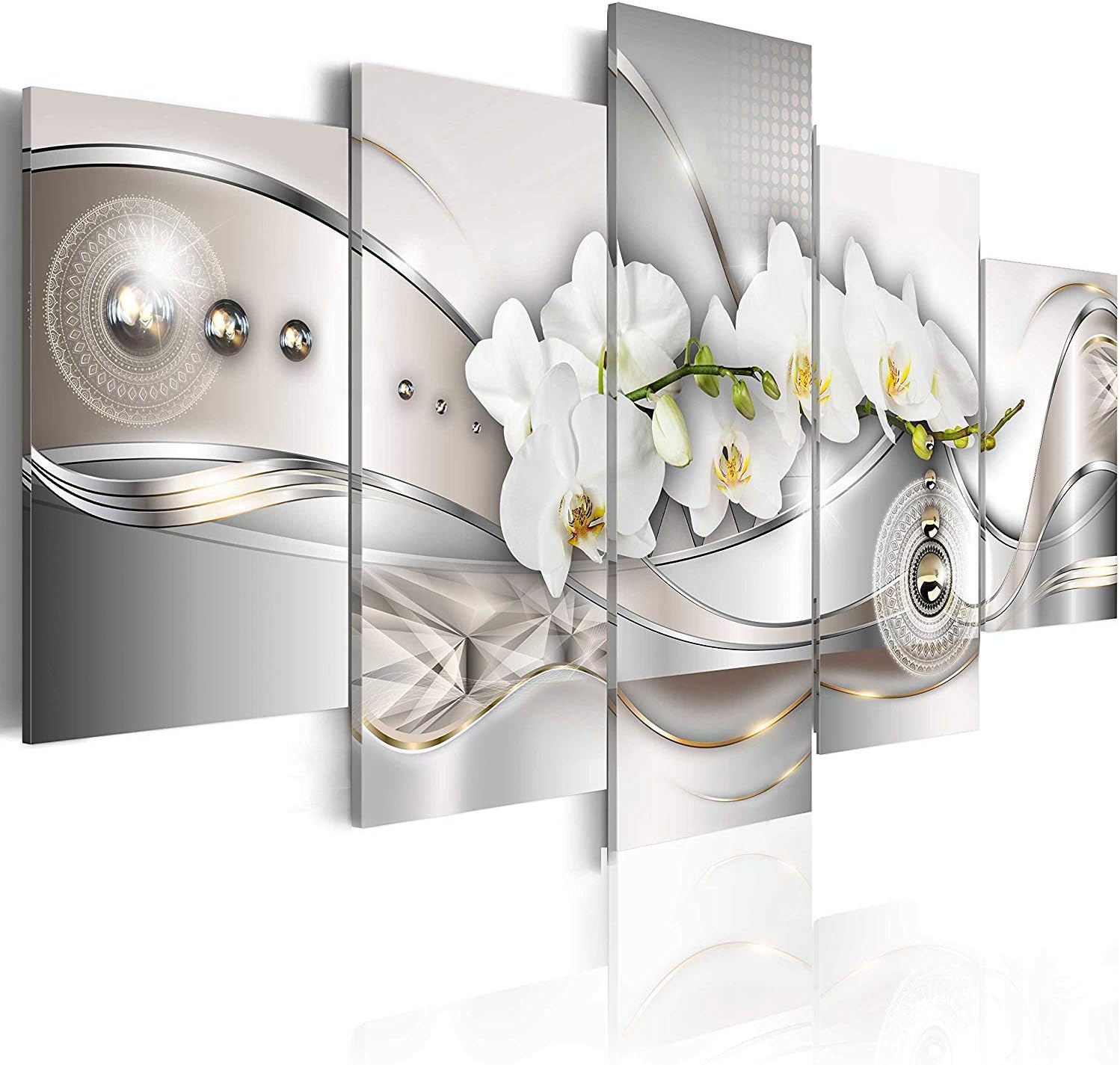 youkuart Wall Decorations for Bedroom Giant Vibrant Flower Canvas Wall Art Pearl Orchids Print Artwork Modern Decor 5 Panels Painting White Floral HD Picture Bedroom Framed Ready to Hang