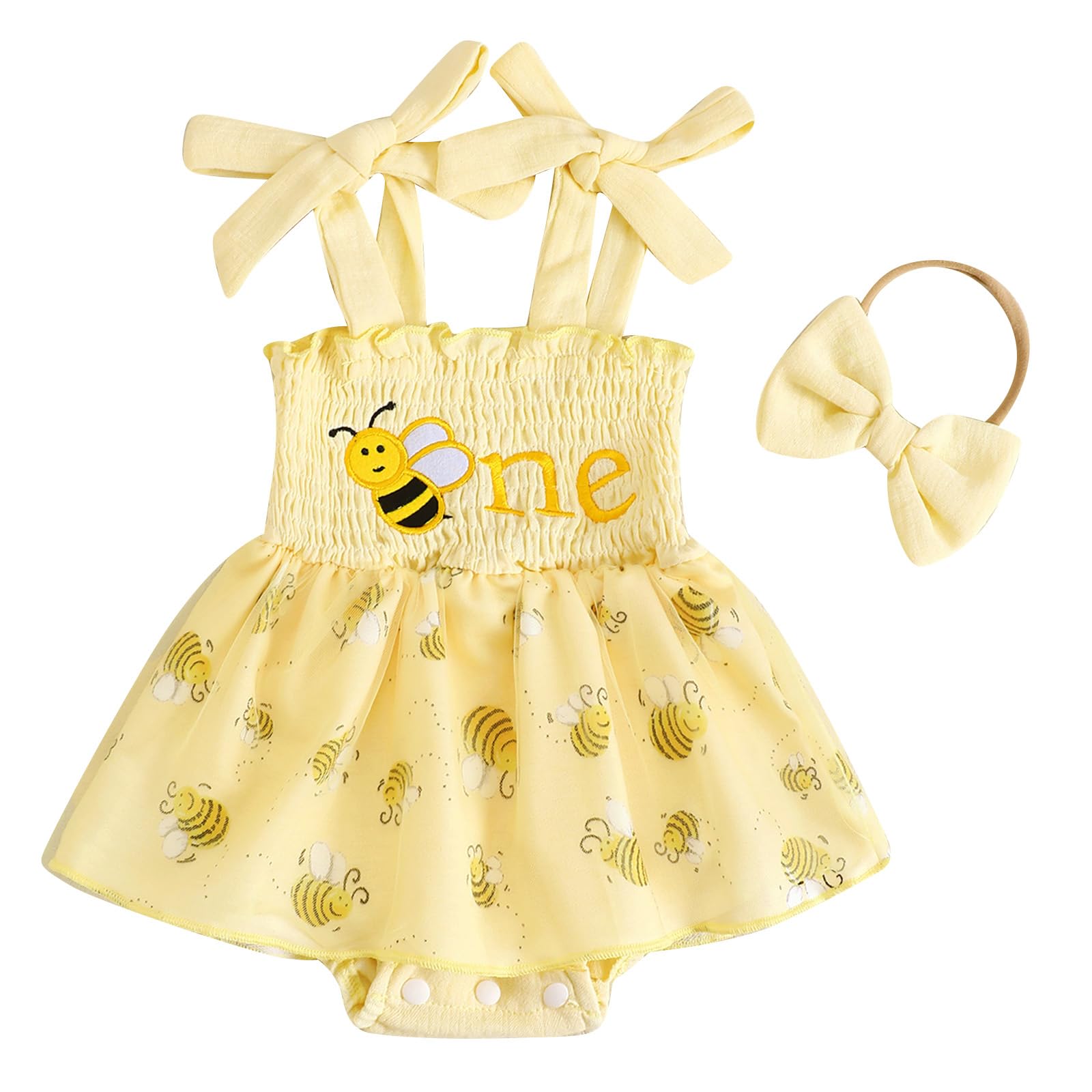 Photo 1 of FYBITBO Baby Girl One Birthday Outfit Floral 1st Birthday Cake Smash Romper Dress Sleeveless Onesie Birthday Clothes (Yellow bee, 12-18 Months)