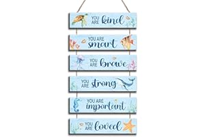 Kadiak 6 Pcs Ocean Decor Kids Room Placards of Wood Decor, Watercolor Ocean Inspirational Positive Quotes Works of art of Wood Wall Art Hanging Sign for Teens Children Bedroom Princess Toddler Room