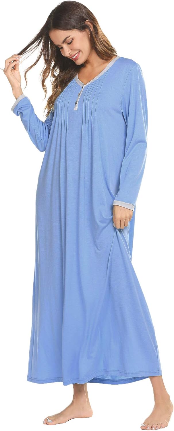 Ekouaer Womens Nightshirt Long Sleeves Nightgown, Casual Button Up Sleepwear Henley Full Length Sleep Dress at  Women’s Clothing store
