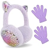 LCTWFY Cute Cat Earmuffs with Gloves, Adjustable Girl Boy Ear Warmer, Sequins Ear Covers, Kid Ear Protection, Warm Ear Muffs