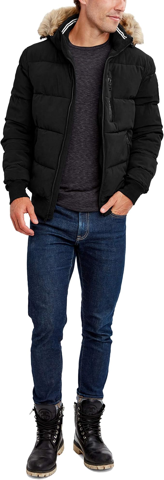 Nautica Men's Wind Resistant Puffy Bomber with Hood Jacket, Black