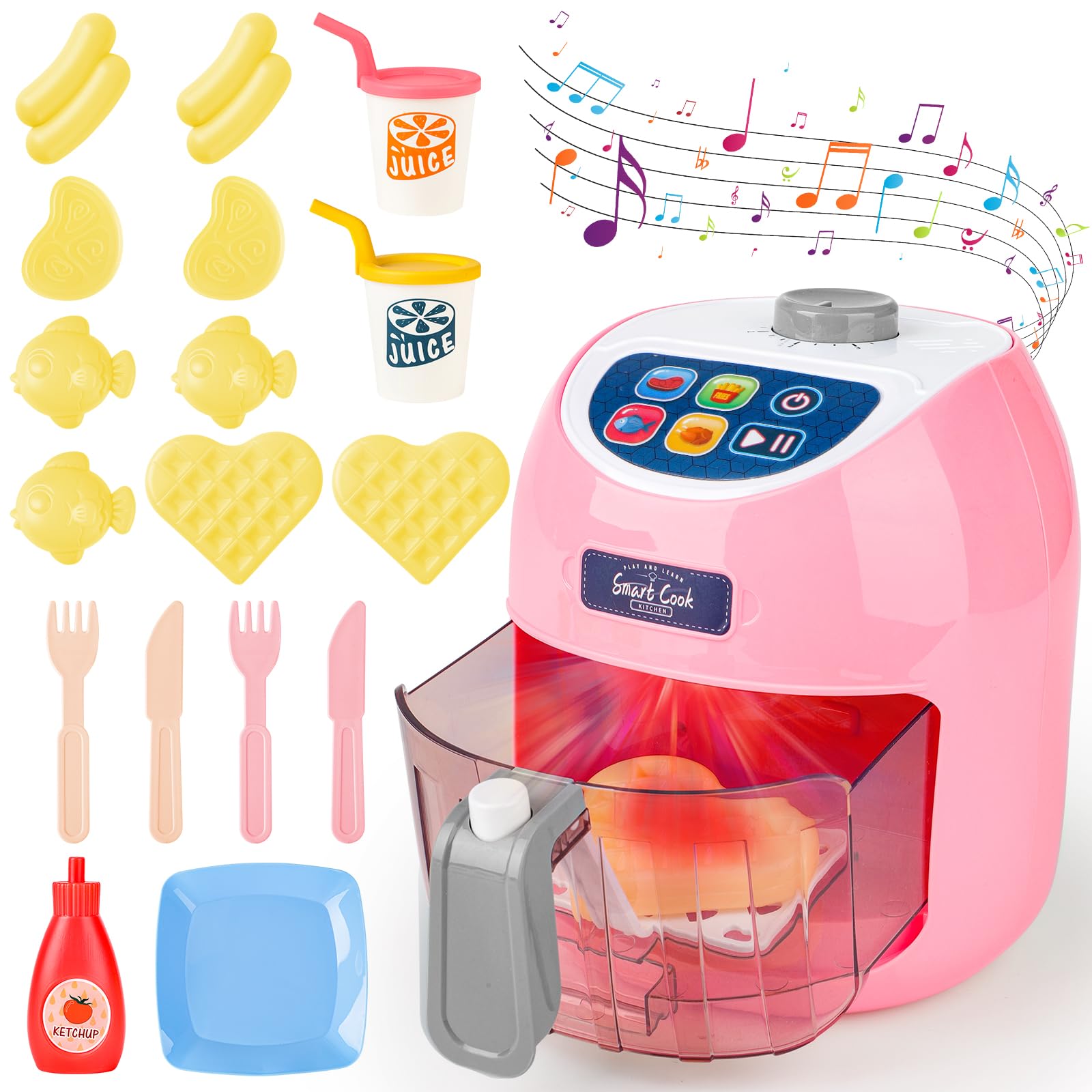 deAO Kids Air Fryer Pretend Kitchen Toy with 16 Pieces Accessories, Realistic Light & Sound, Play Food, Educational Toy Set for Kids Girls Boys