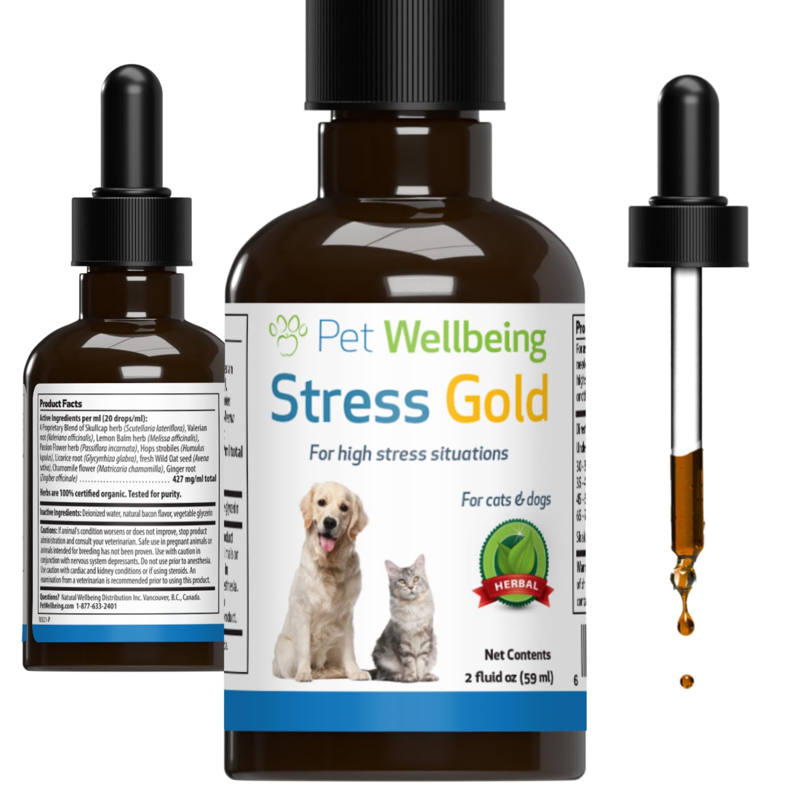Pet Wellbeing Stress Gold for Cats - Occasional High Stress and Restlessness, Supports Relaxation, Travel, Vet Trips, Skullcap, Valerian - Veterinarian-Formulated Herbal Supplement 2 oz (59 ml)